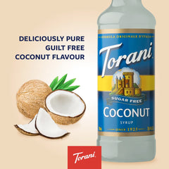 Four-pack of Torani Coconut Sugar Free Syrup on kitchen shelf