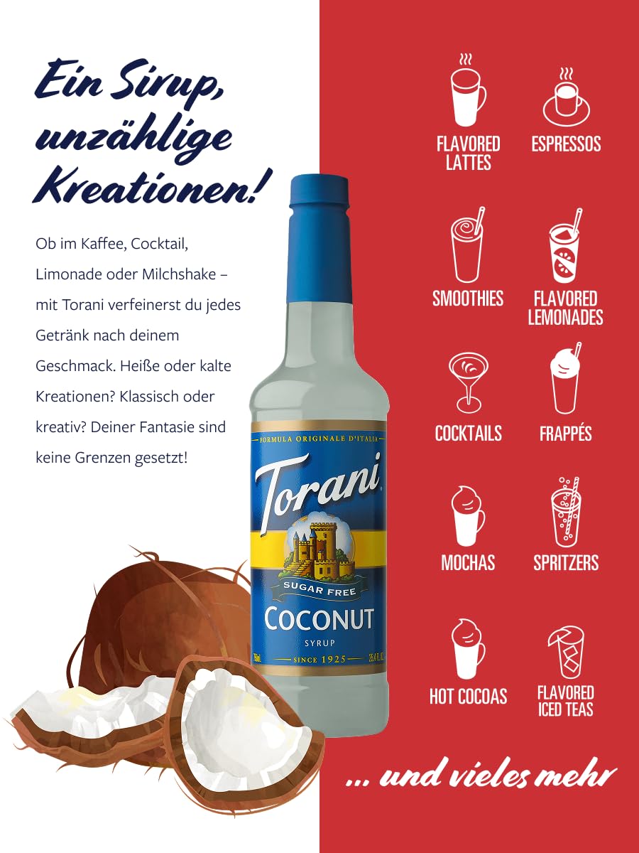 Torani Coconut Sugar Free Syrup pump-action dispensing for mess-free use.