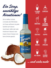 Torani Coconut Sugar Free Syrup pump-action dispensing for mess-free use.