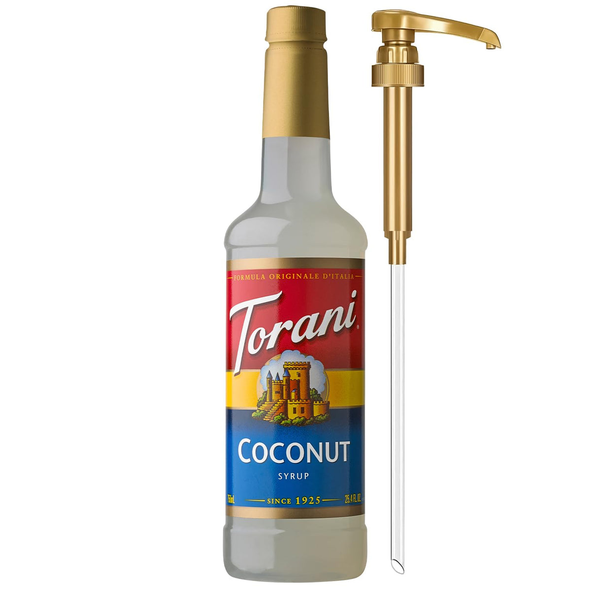 Torani coconut syrup bottle with pump for precise dosing in drinks.