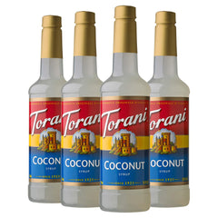 Torani Coconut Syrup bottle close-up for tropical flavor versatility.
