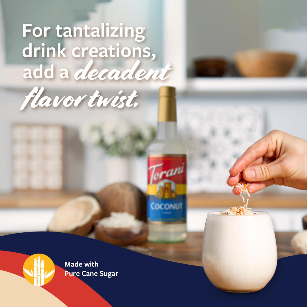 Torani coconut syrup in BPA-free bottle for home use.