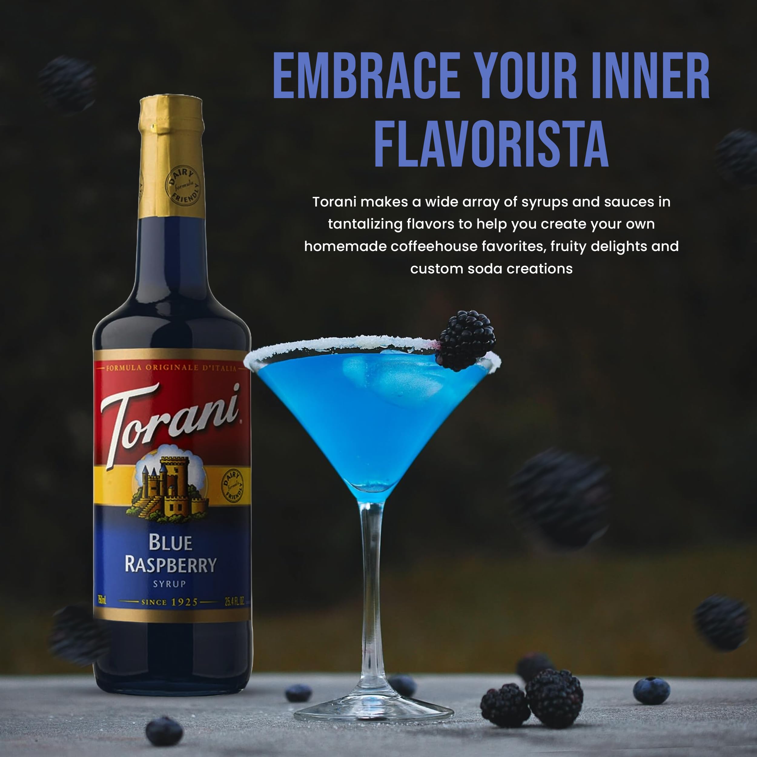 Cafe counter setup with Torani syrups for barista-style customization.