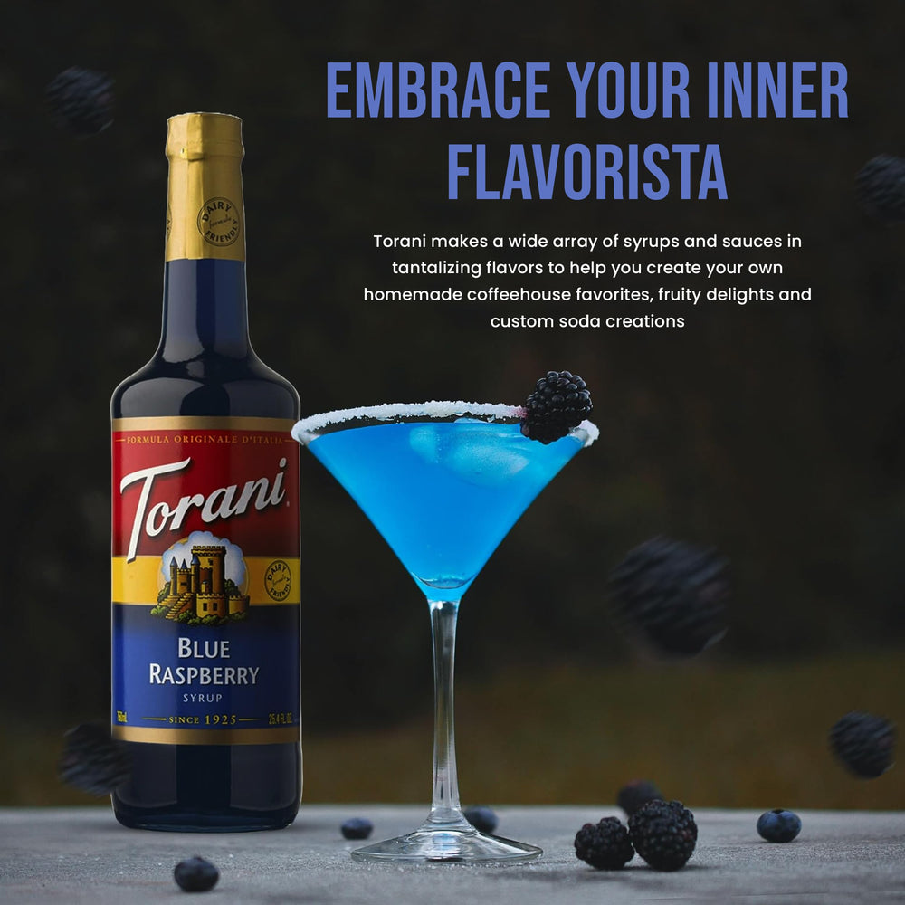 Cafe counter setup with Torani syrups for barista-style customization.