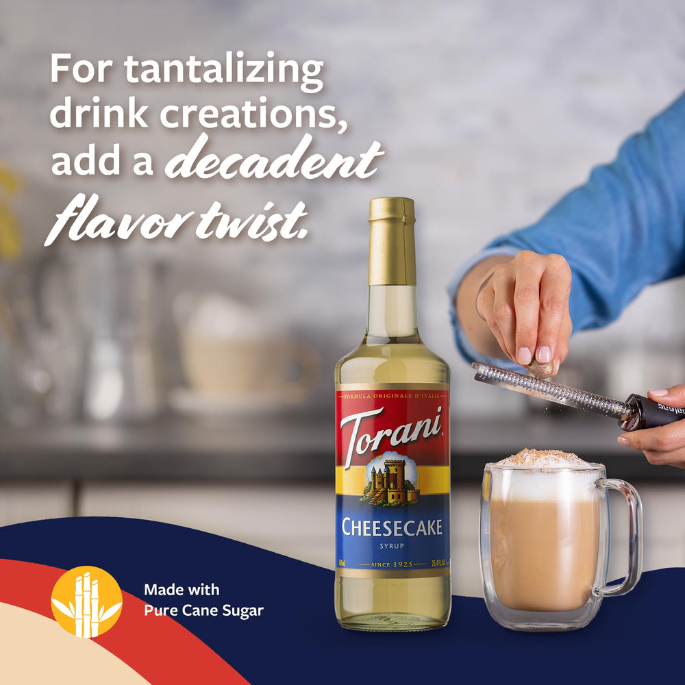 Torani cheesecake syrup on a steamer setup for creamy beverages.