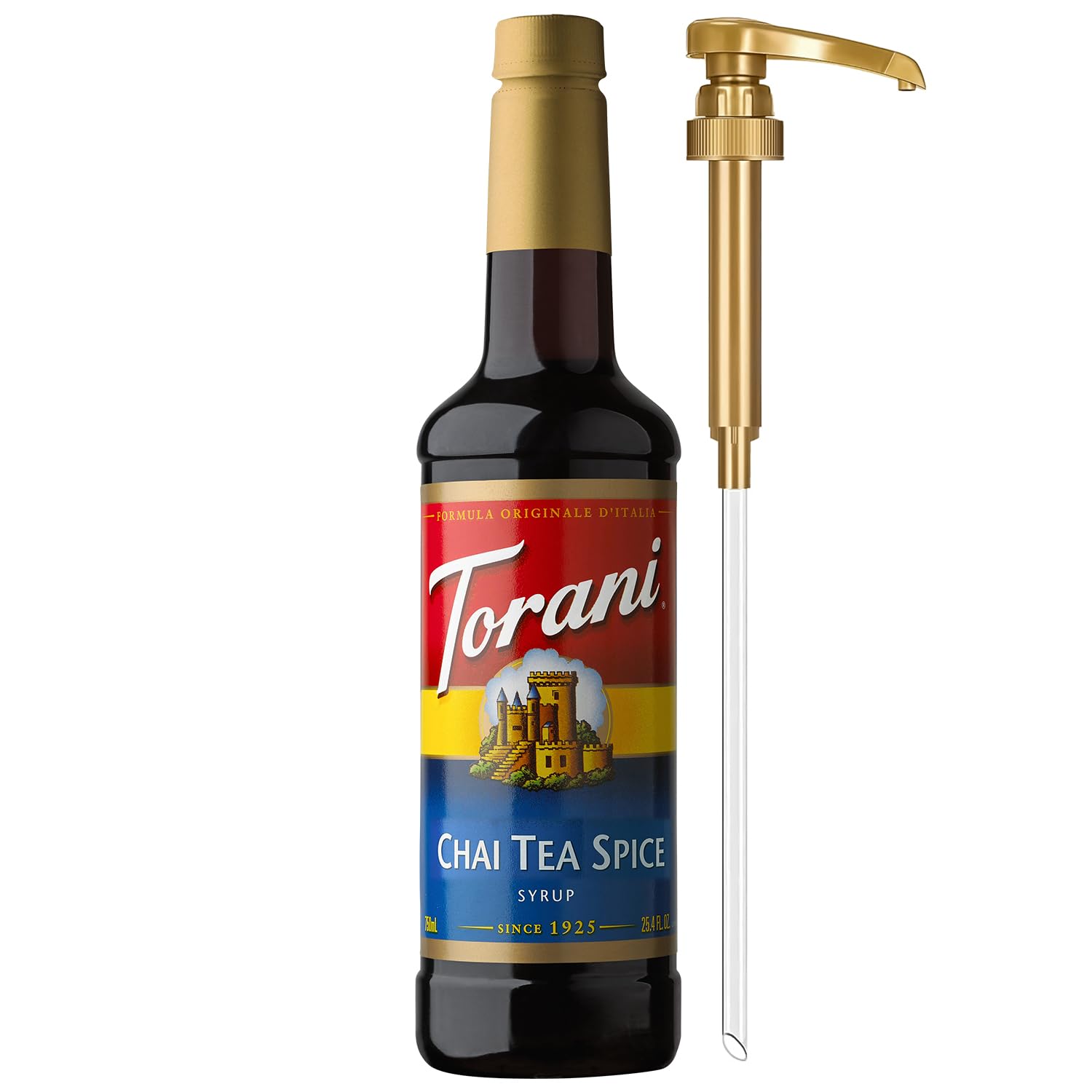 Torani chai spice coffee syrup bottle adds flavor for home lattes.
