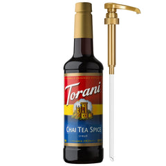 Torani chai spice coffee syrup bottle adds flavor for home lattes.