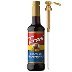 Torani Chocolate Macadamia Nut syrup bottle for latte pouring
