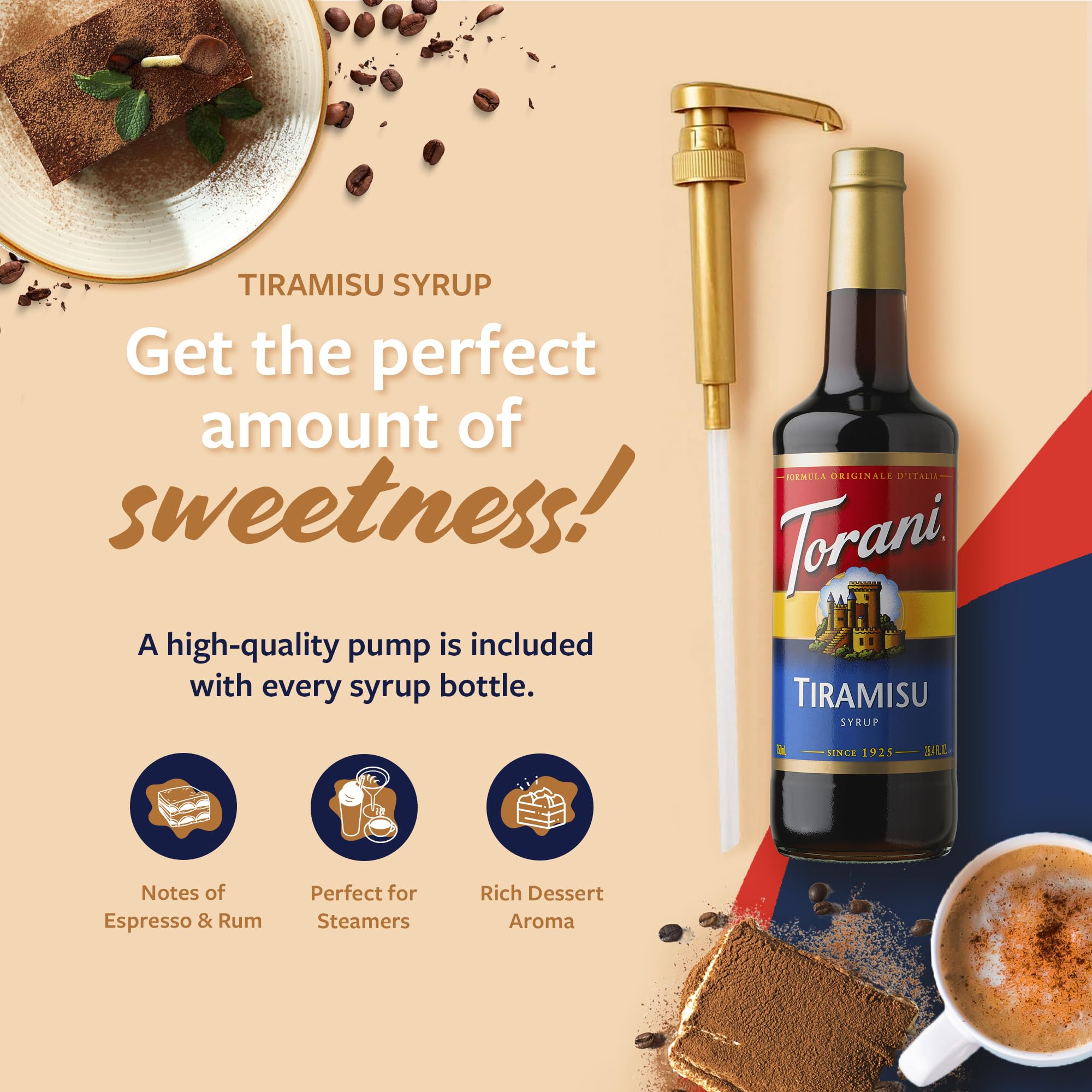Torani tiramisu syrup swirling into espresso for café-style flavor at home
