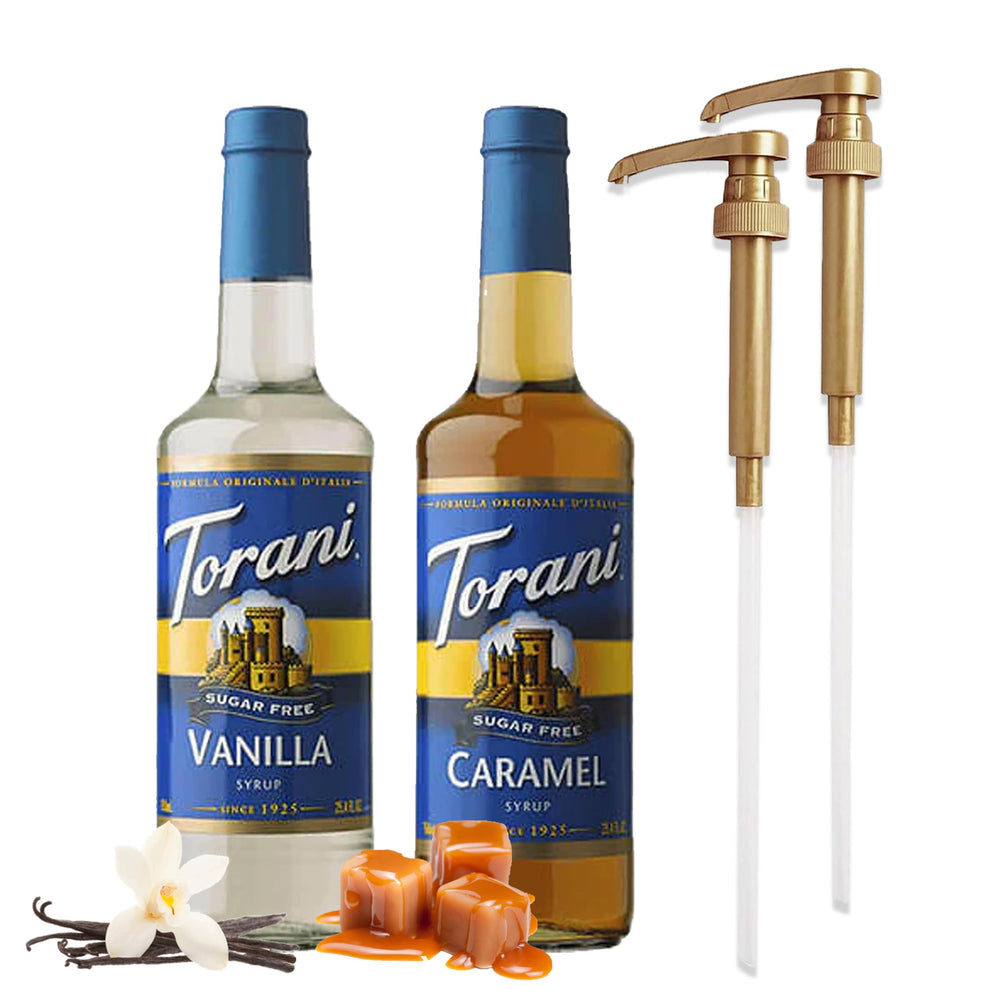 Torani coffee syrup variety pack with pumps for easy flavoring.