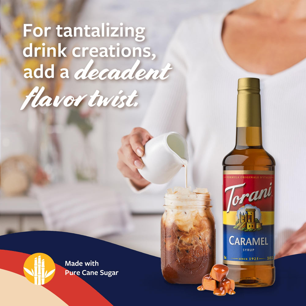 Coffee with Torani caramel syrup adding a caramel twist