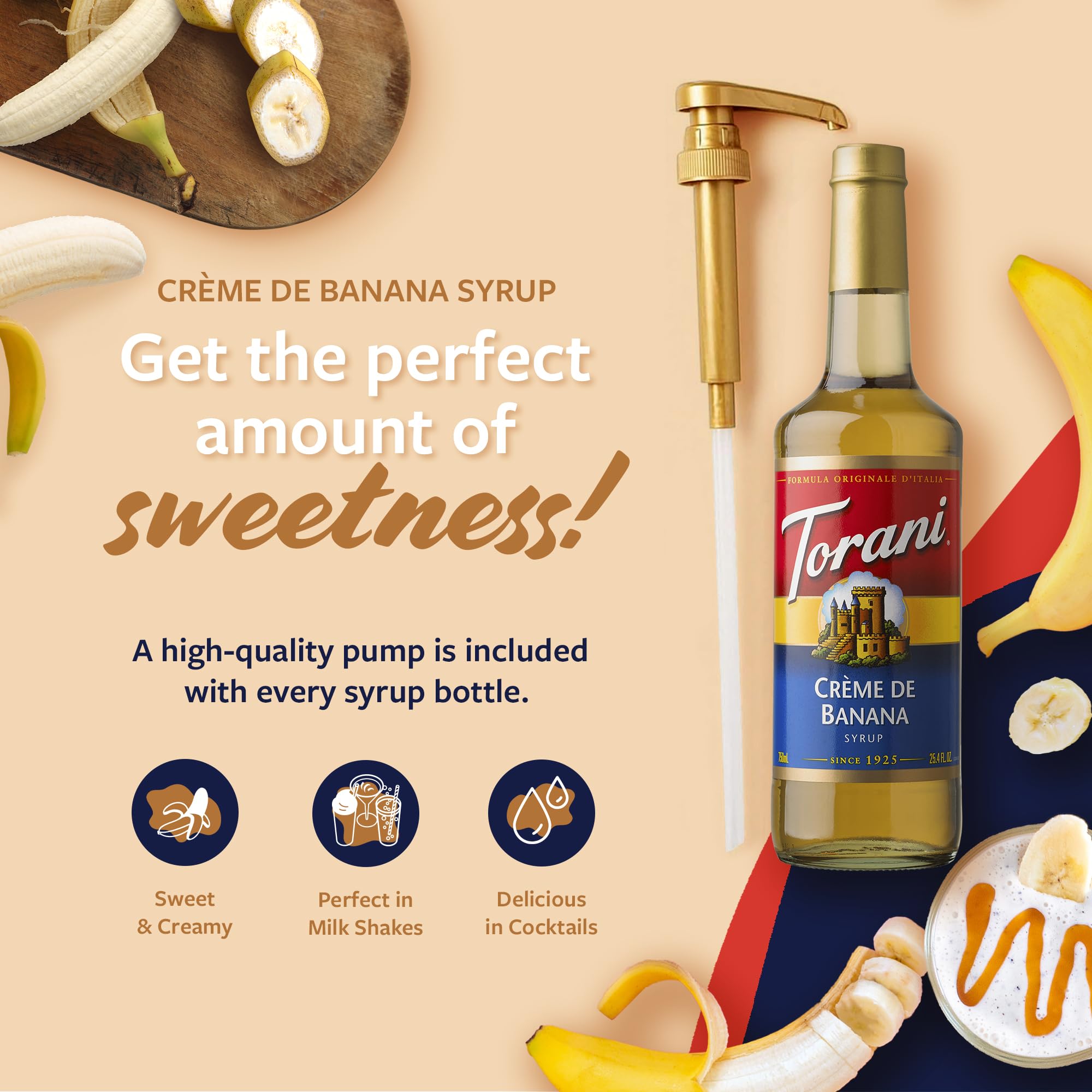 Pour-ready Torani Crème de Banana syrup pump enables precise sweetness in beverages.