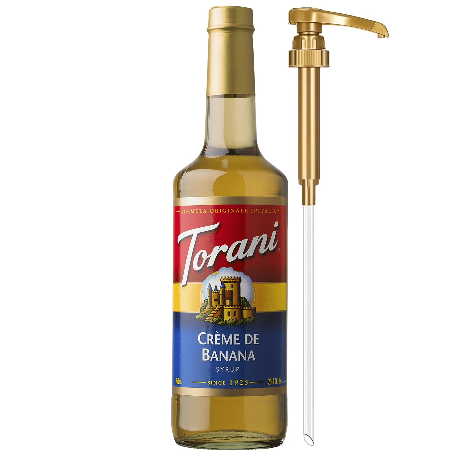 Torani Crème de Banana syrup bottle with pump for easy, mess-free flavoring in drinks.