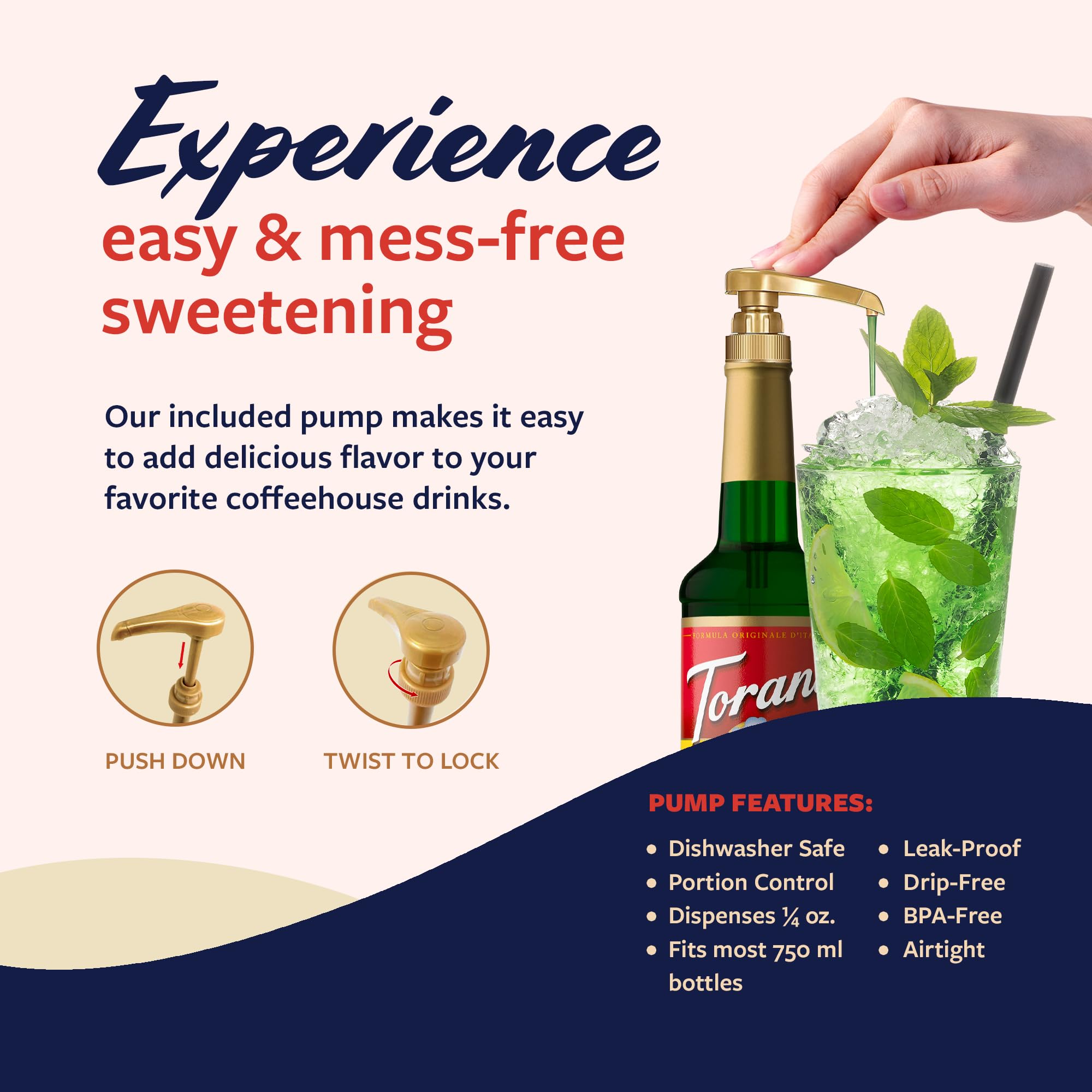 Torani Crème de Menthe syrup label close-up emphasizes natural flavors and cane sugar.