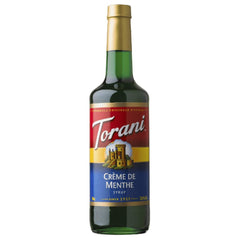 Torani Creme De Menthe syrup label closeup emphasizing authentic recipe.