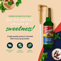 Torani Crème de Menthe syrup being poured shows easy portion control with the included pump.
