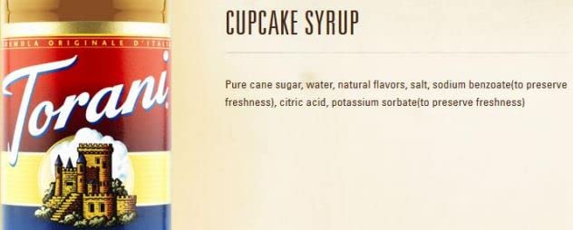 Torani Cupcake Syrup bottle on counter invites indulgence.