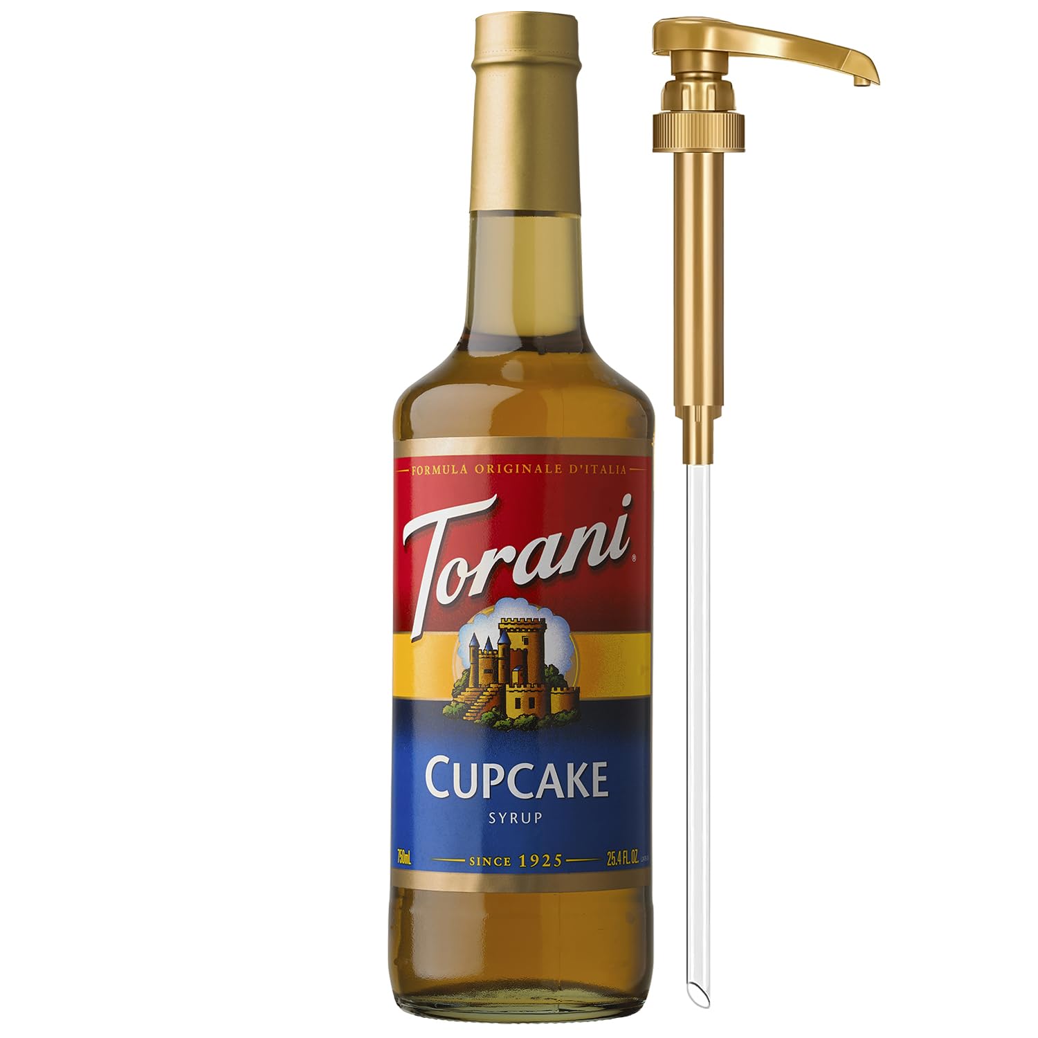Torani Cupcake Syrup bottle with pump for easy, mess-free sweetening in coffees.