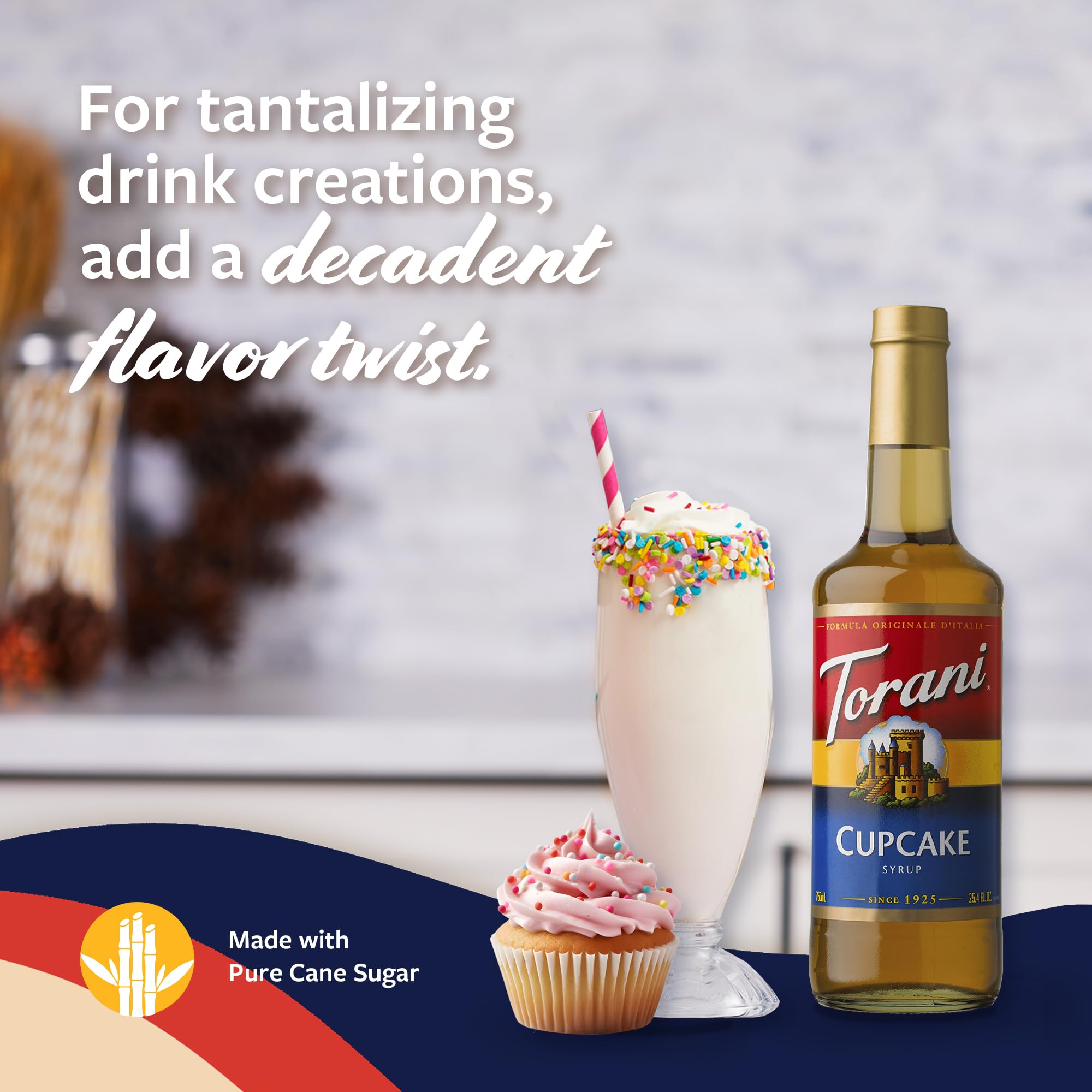Torani Cupcake Syrup swirl on vanilla latte, enhancing the cupcake note.