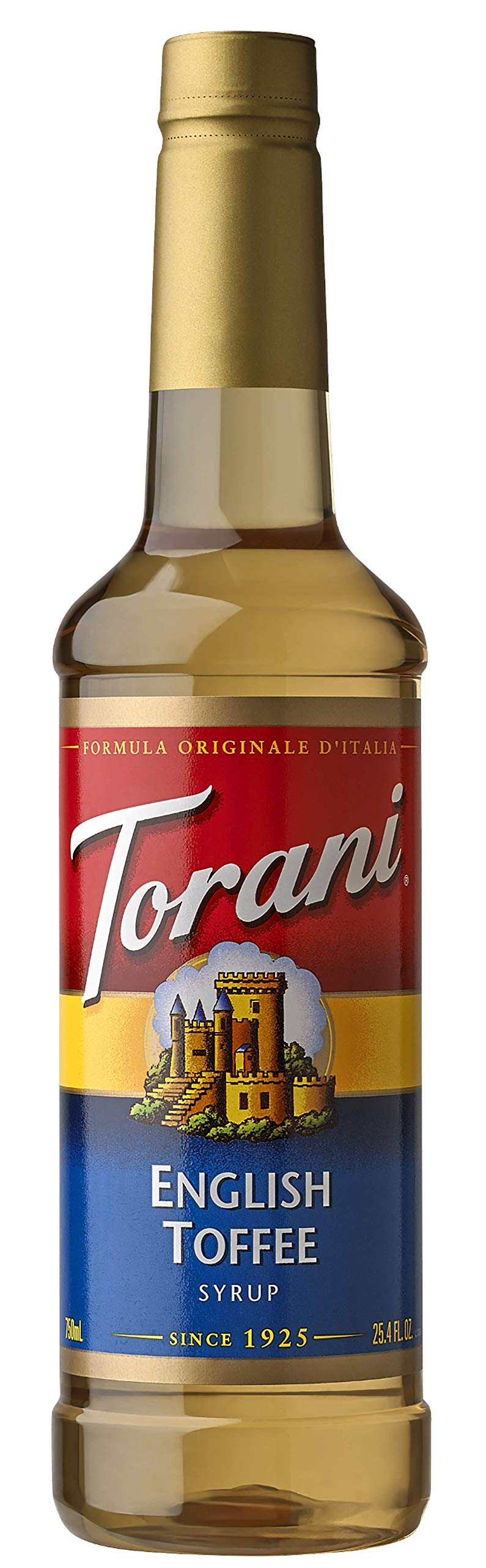 Torani English Toffee Syrup bottle being poured for rich beverage flavor