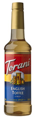 Torani English Toffee Syrup bottle being poured for rich beverage flavor