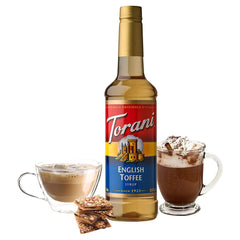 Torani English Toffee Syrup drizzled into homemade latte for cafe-style experience