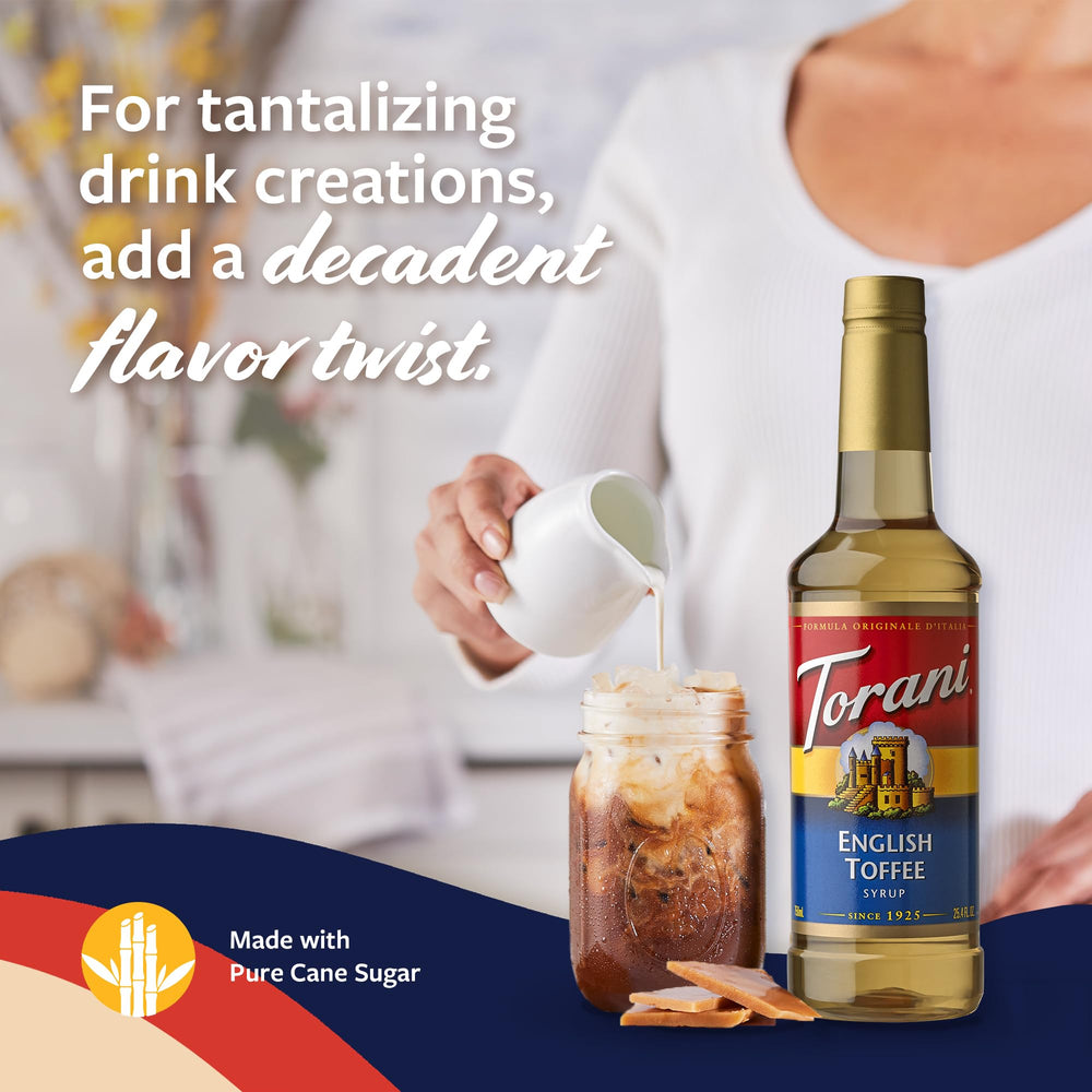Torani English Toffee Syrup shown with latte art for creamy, aromatic drinks.