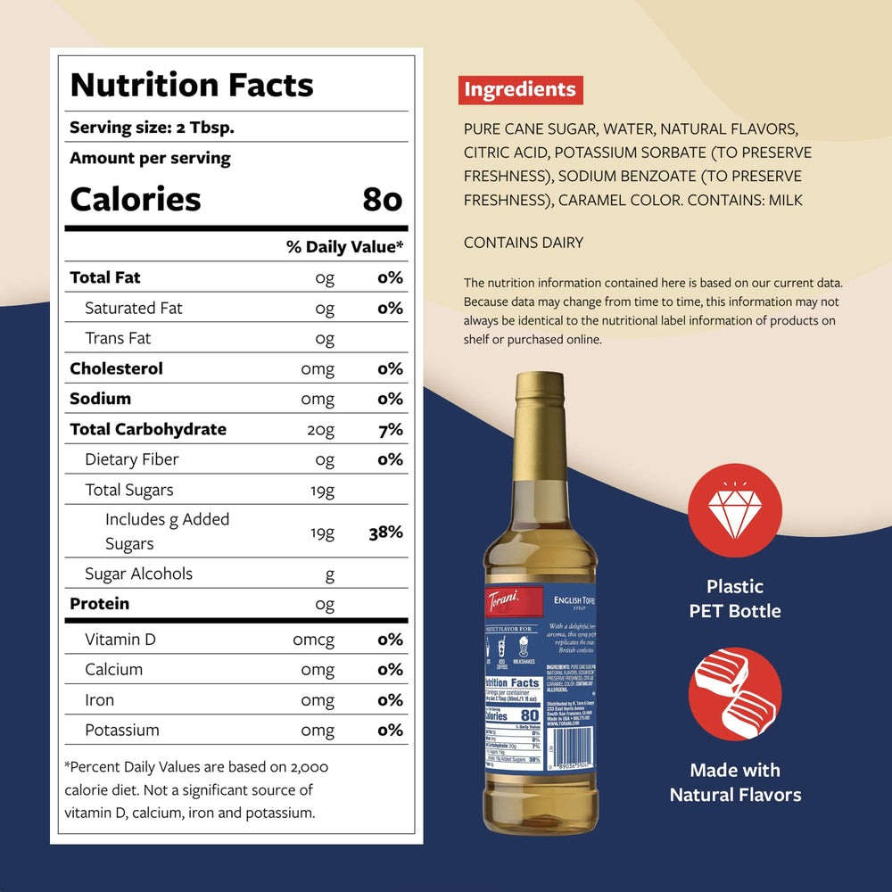 Torani English Toffee Syrup label highlights caramelized butter toffee flavor for beverages.