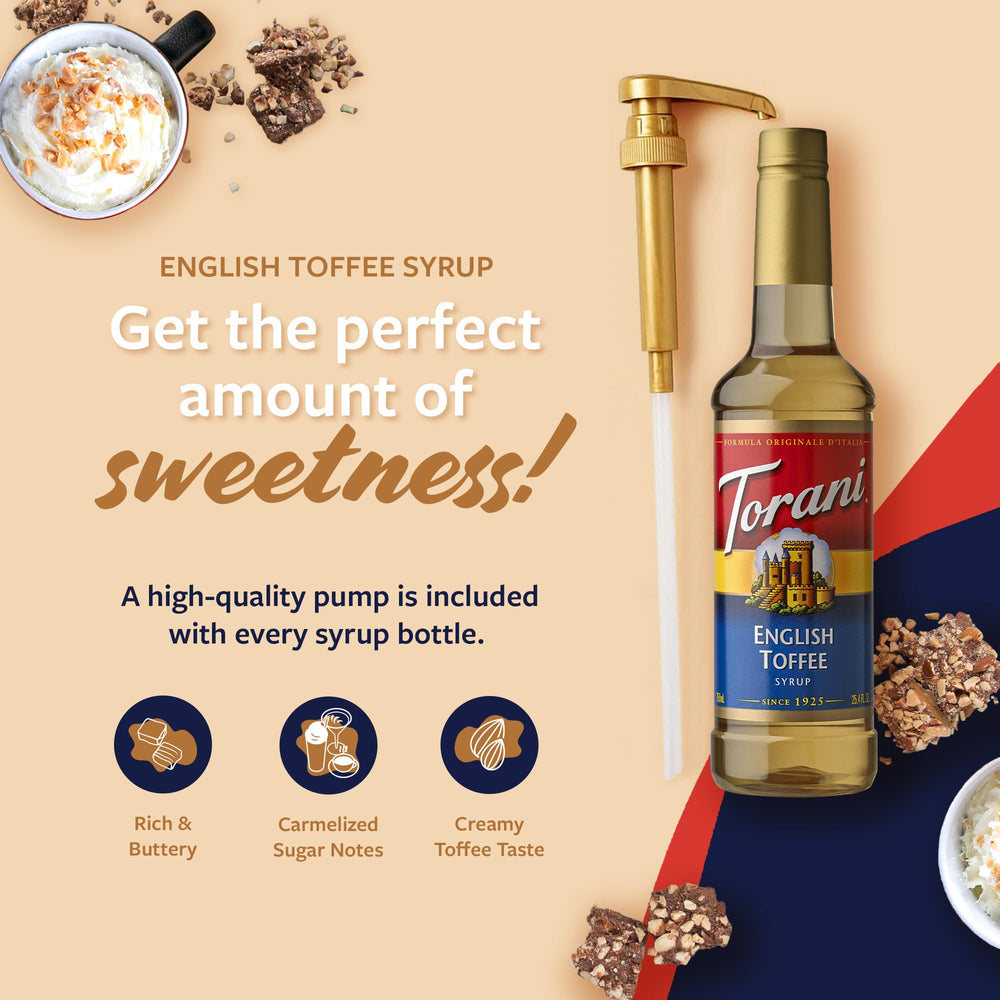 Torani English Toffee Syrup being poured into coffee for caramel sweetness.