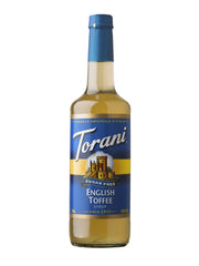 Torani English Toffee Sugar Free bottle—calorie-free toffee flavor for coffee.