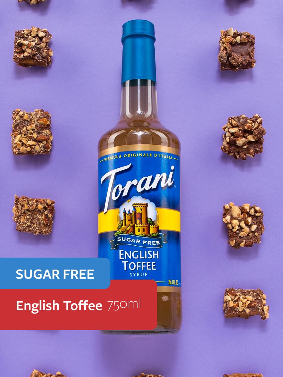 Torani English Toffee Sugar Free pump—easy sugar-free flavoring for lattes.
