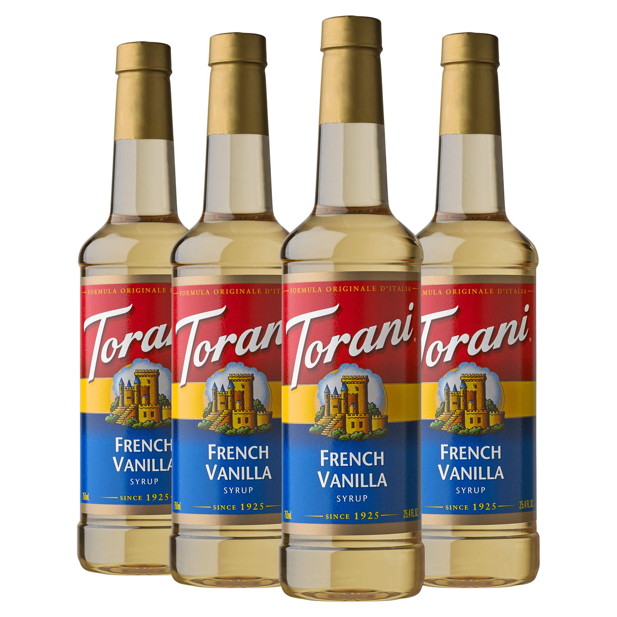 Torani French Vanilla syrup pack of four bottles for home coffee flavor.
