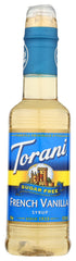 Torani French Vanilla Syrup bottle front, sugar-free labeling and vanilla aroma for coffee.