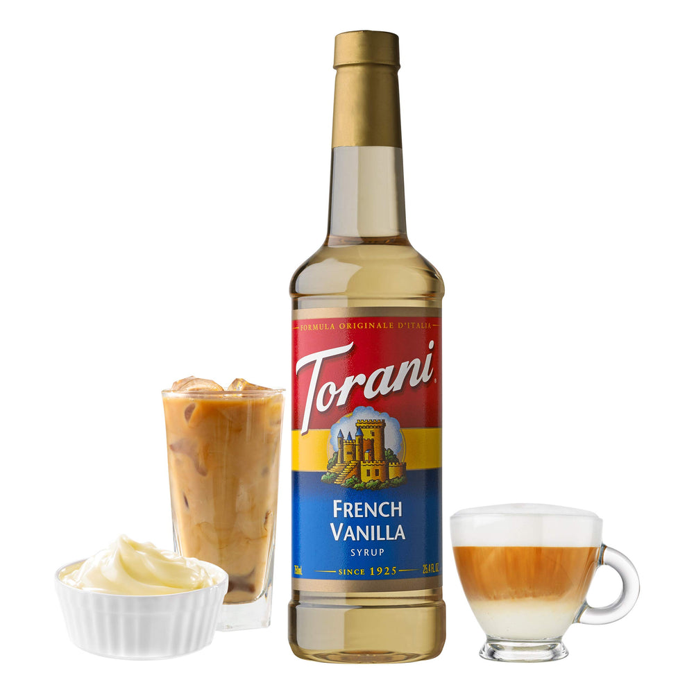 Torani French Vanilla syrup latte creation closeup shows creamy vanilla.