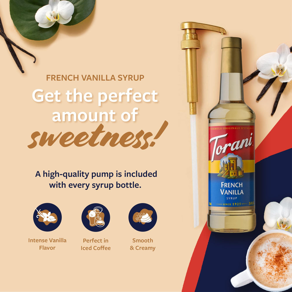Torani French Vanilla syrup latte scene highlighting creamy vanilla flavor.