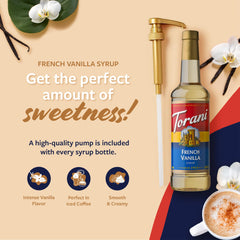 Torani French Vanilla syrup latte scene highlighting creamy vanilla flavor.