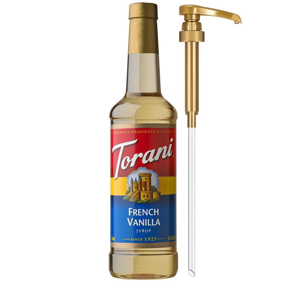 Torani French Vanilla syrup pump for precise sweetness in lattes.