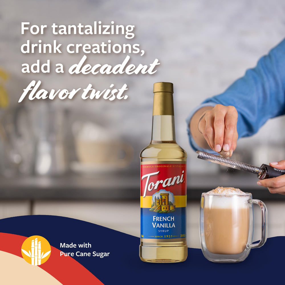 Torani French Vanilla syrup steamer emitting vanilla aroma.