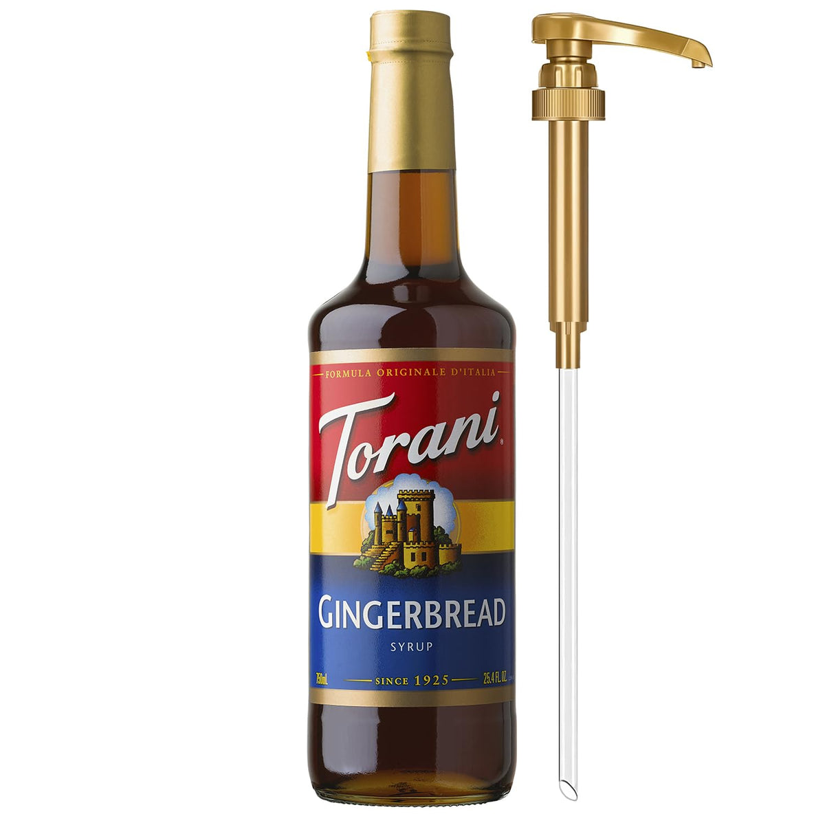 Torani Gingerbread syrup bottle being poured into coffee for rich flavor.