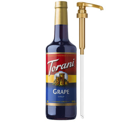 Torani grape syrup bottle with pump for quick, mess-free flavoring at home.