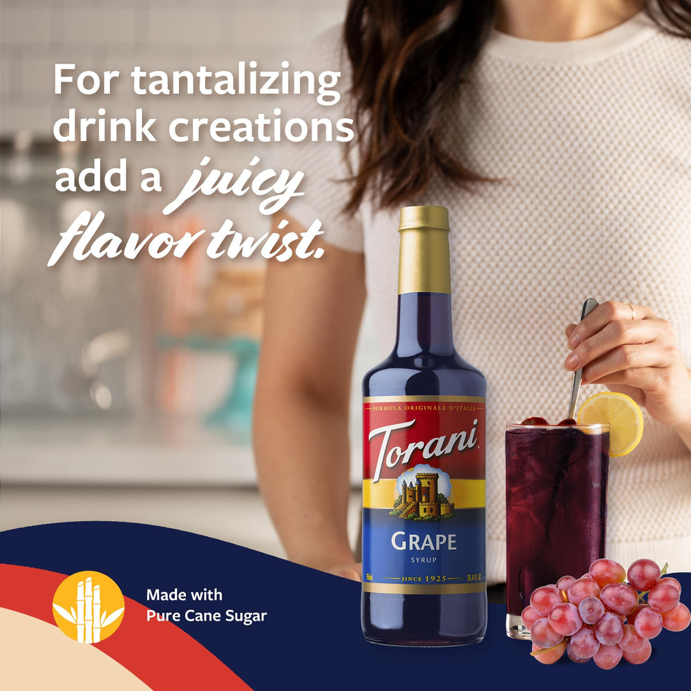 Torani grape syrup used in a cocktail, showcasing versatility.