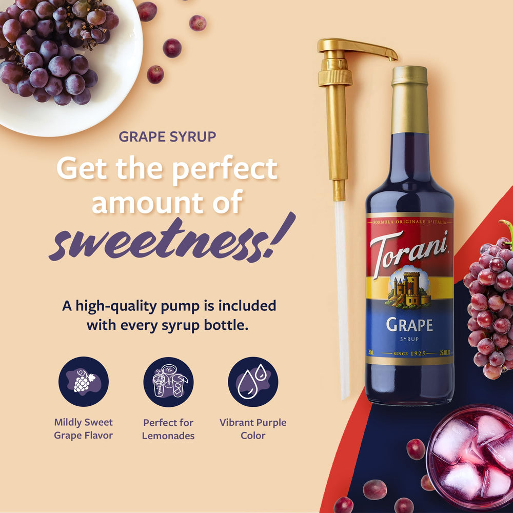 Close-up of Torani grape syrup label highlights grape notes.