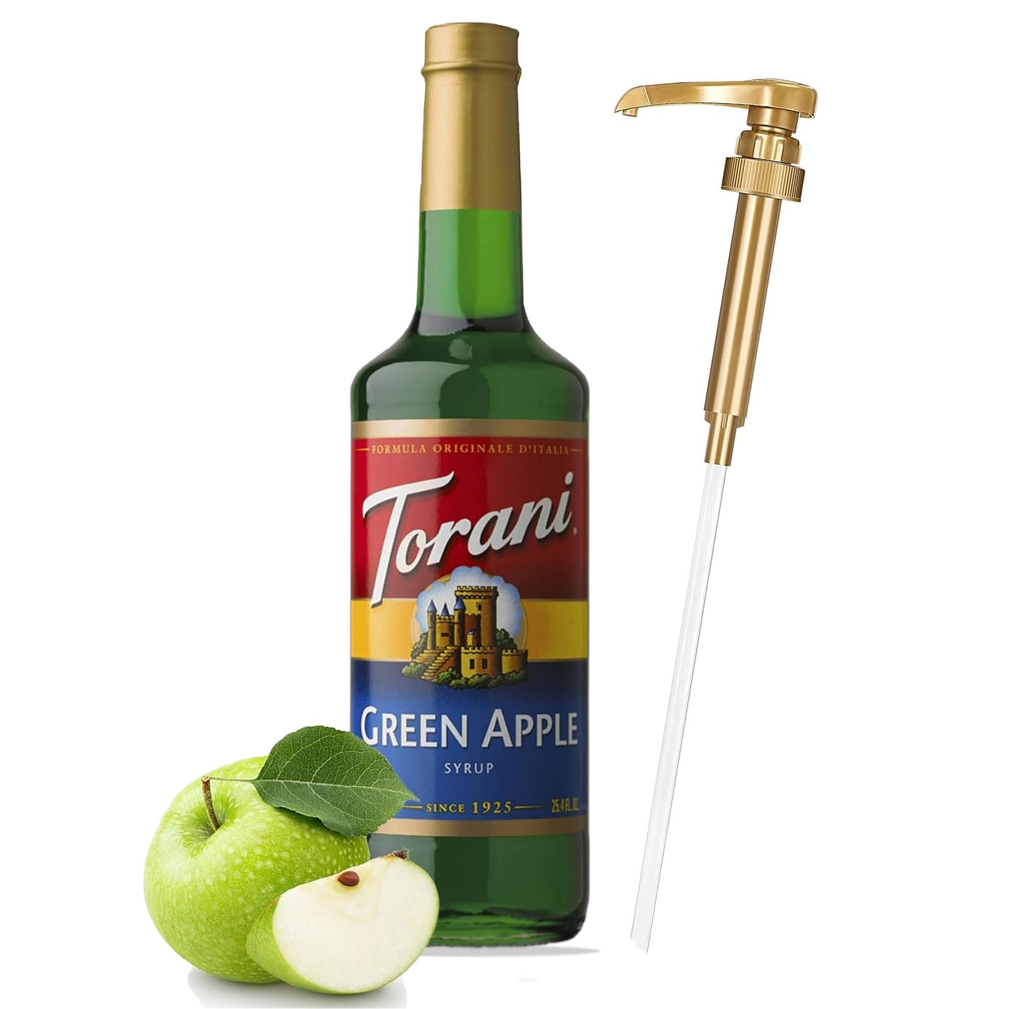 Torani Green Apple Syrup pump bottle for fruity flavor boosts in coffee and drinks