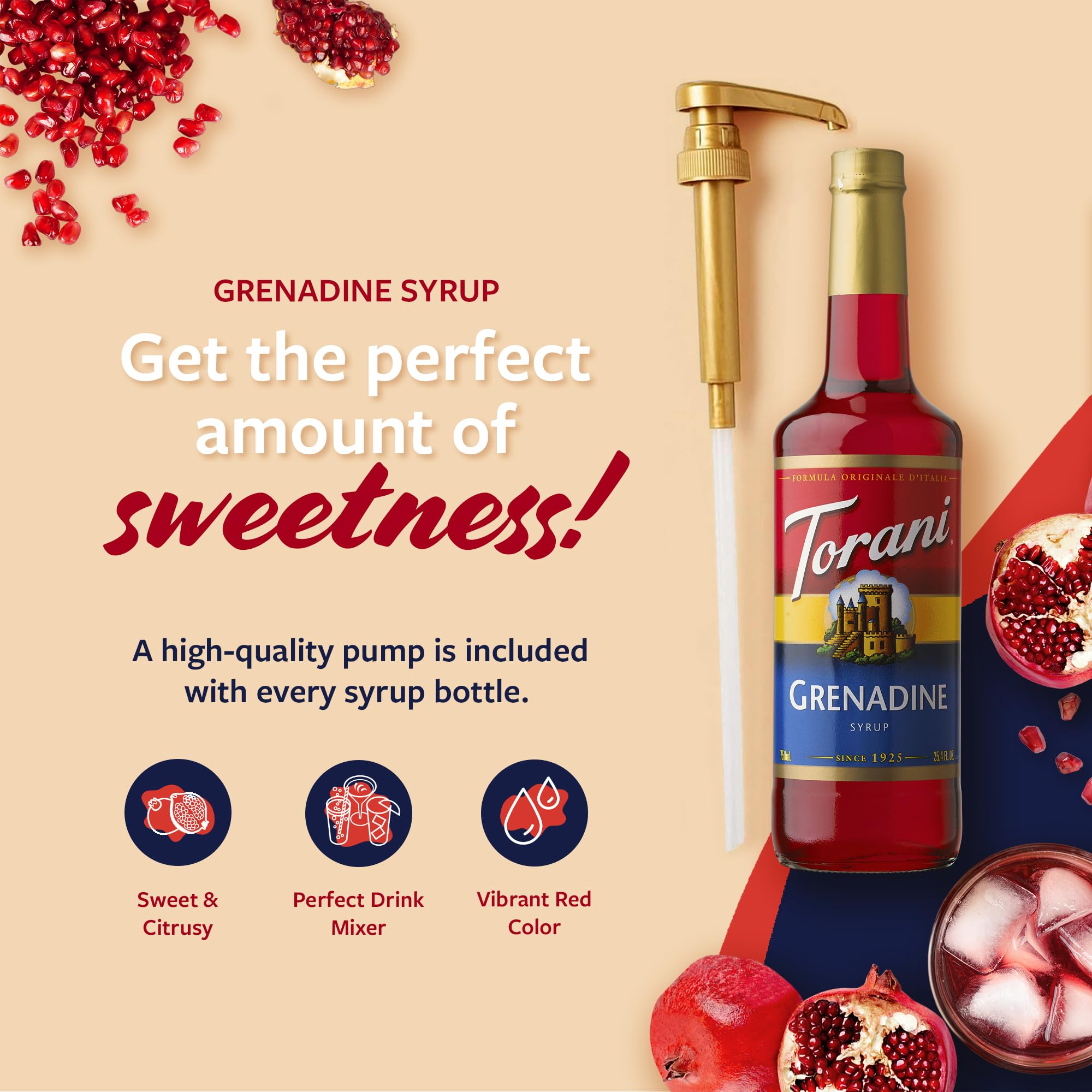 Torani Grenadine 750ml bottle features vibrant red color for drinks.