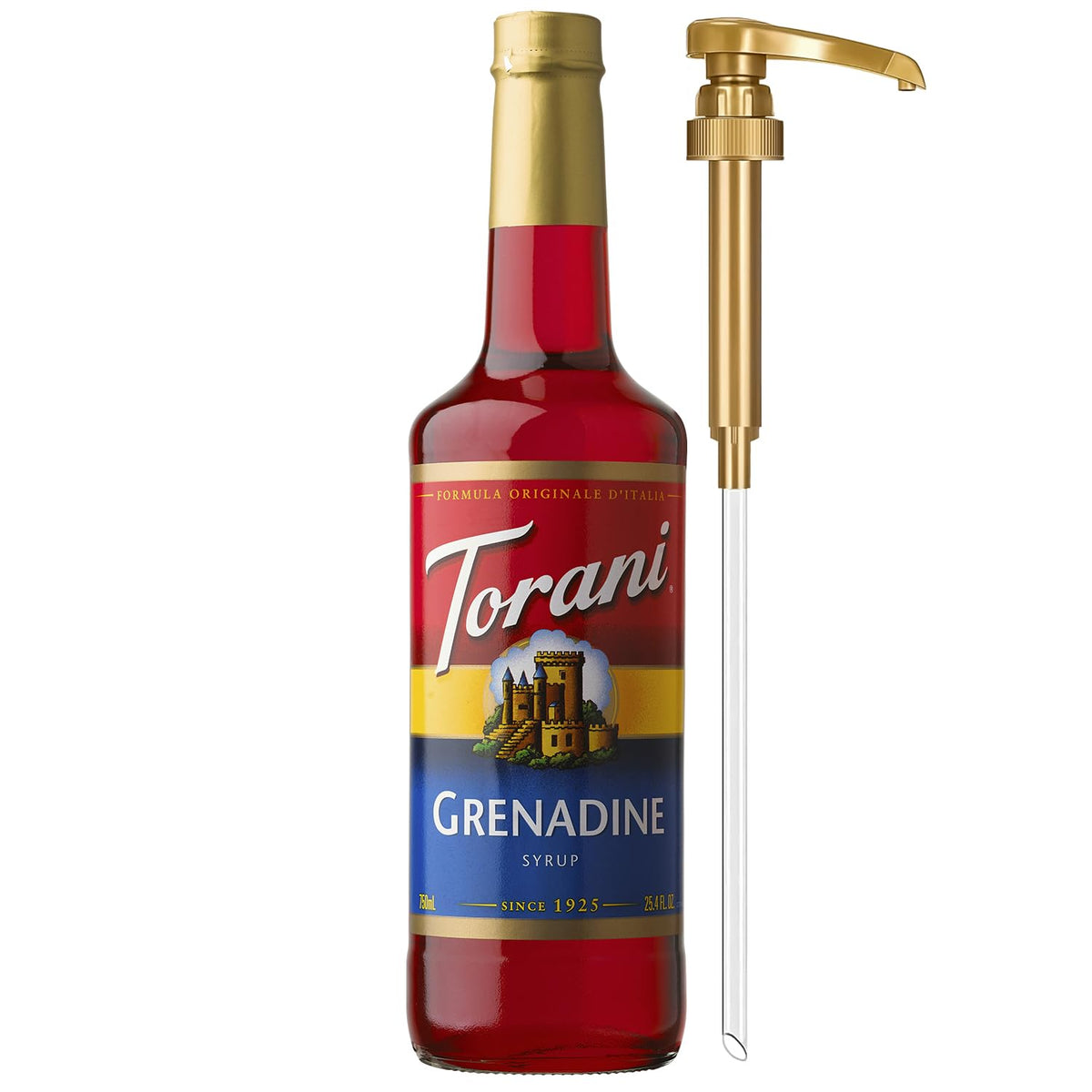 Torani Grenadine Syrup bottle with pump for easy, mess-free flavoring.