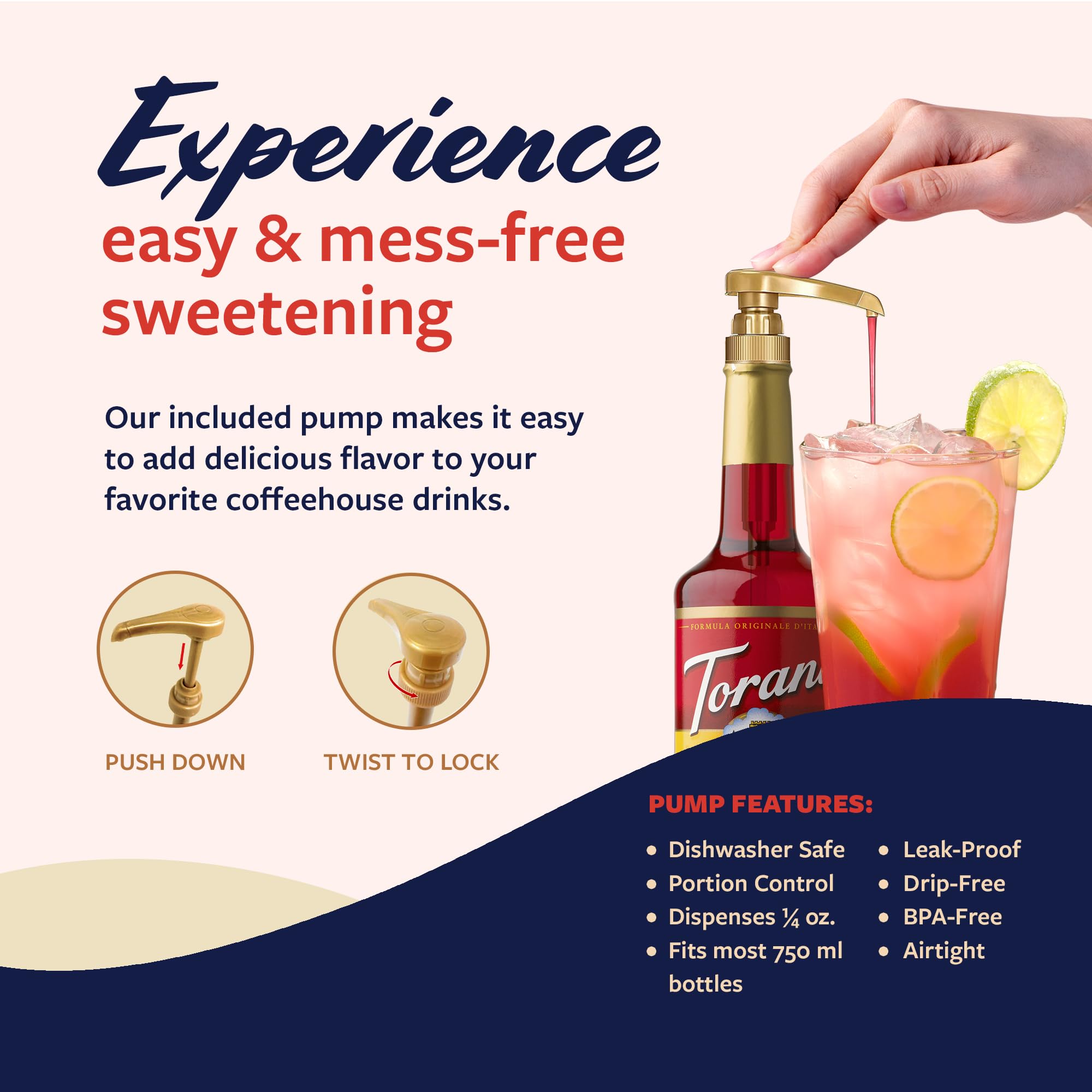 Torani Grenadine syrup in a glass with ice and citrus twist.