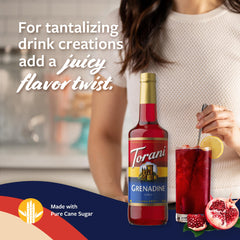 Close-up of Torani Grenadine label showing natural flavors and cane sugar.