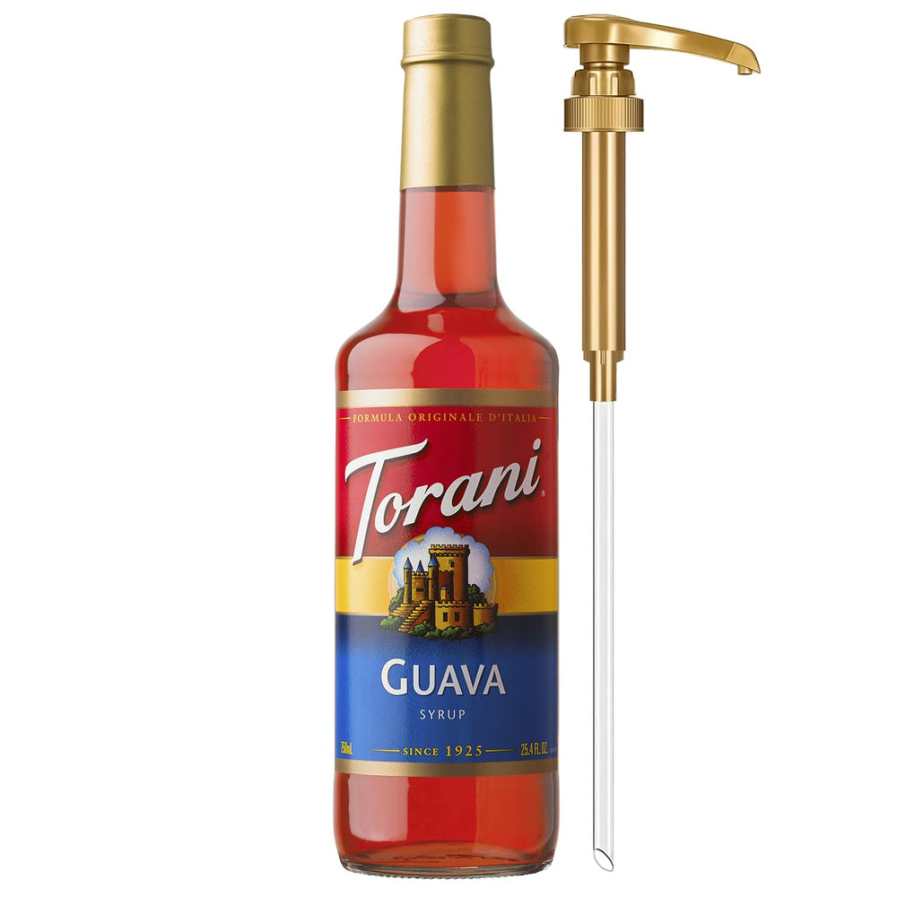 Torani Guava Syrup bottle pour highlighting tropical flavor for cocktails
