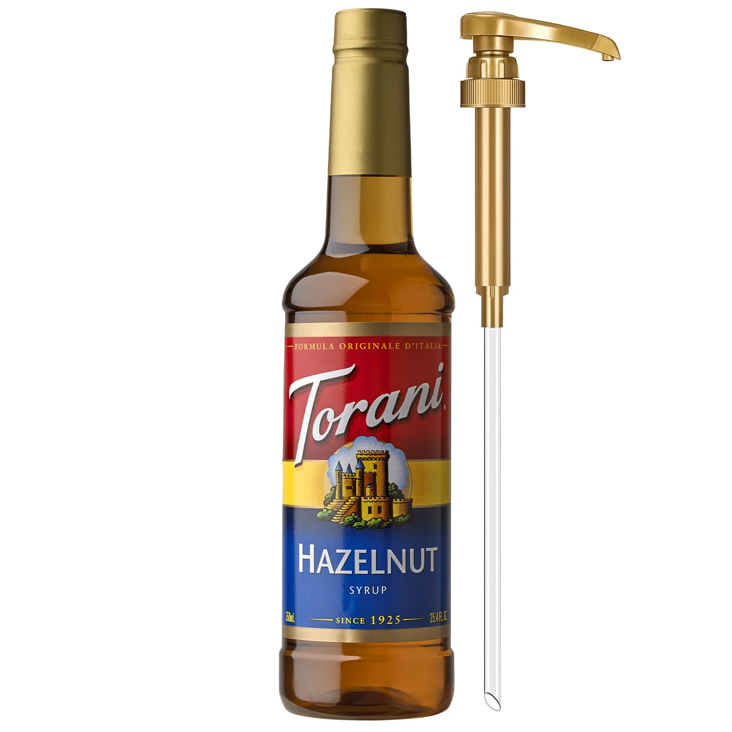 Torani Hazelnut Syrup bottle with pump for easy flavoring and mess-free use.