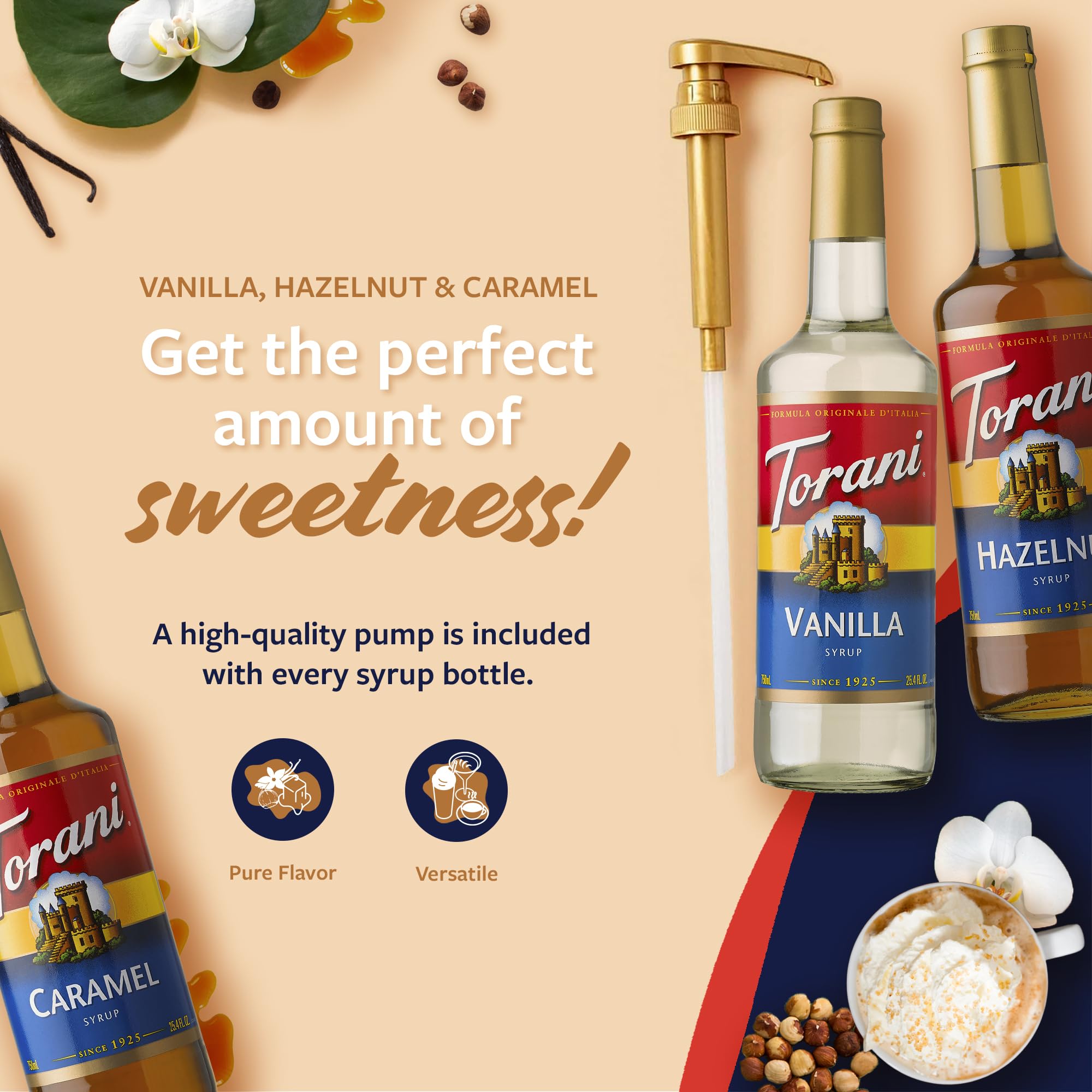 Torani Hazelnut Syrup bottle delivers warm hazelnut aroma for coffee and treats